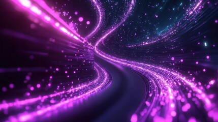 high speed technology Dynamic digital curve purple ribbon coming from left bottom reaching out to right top in 1 single line in a dark background