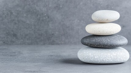 Stacked stones on gray background, meditation, zen garden, peaceful scene, calm, balance, harmony, focus, interior design, use stock photo