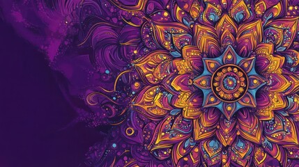 Illustration, background mandala in purple, intricate patterns, flowing sound waves, vibrant colors, mystical aura, detailed, symmetrical design