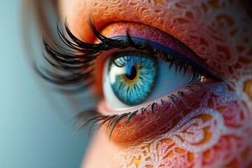 Emdr Squarespace designer Ai rendering Cat eye lashes Highly sensitive person Looks maxing Soulgen Dezgo Da vinci app Piercing Mania Close-up of blue with long eyelashes and colorful intricate henna 