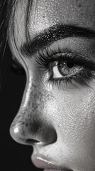 Obraz premium Alluring Glance: A mesmerizing black and white close-up emphasizes the intricate details of a woman's eye, eyelashes, and eyebrow, producing a striking portrait