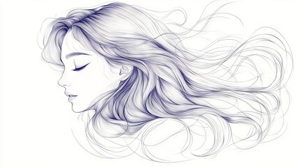 A delicate sketch of a woman's profile, with her hair streaming like ribbons in the wind, captures an essence of elegance, liberty, and calm