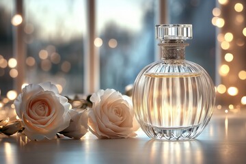 A sophisticated glass perfume bottle with golden accents sits gracefully on a reflective surface, surrounded by delicate white roses.