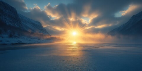 Majestic Sunrise over Frozen Lake in Mountain Valley