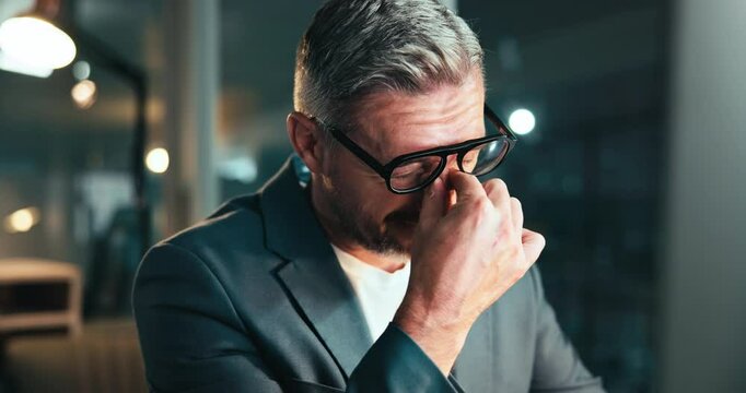 Office, eye strain and business man with headache, burnout and overworked on deadline at night on computer. Migraine, tired and mature manager with stress, vision fatigue and wrong frame on glasses