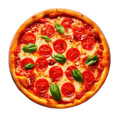 A Delicious Pizza with Tomatoes and Basil Isolated on a Transparent Background 
