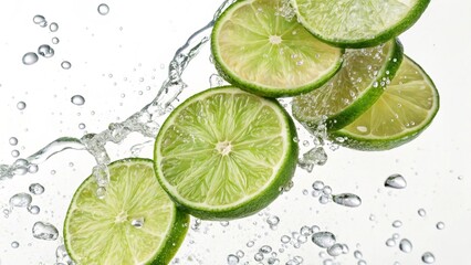 Fresh sliced lemons and lime, slices of a freshly cut lime, laid out on a white surface,Lemon isolated on white background,Slices of lemon and lime as a background, Generative AI

