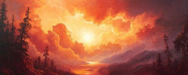 Fototapeta premium Vibrant sunset over majestic mountain landscape with dense clouds