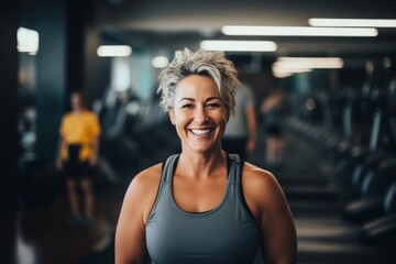 Fototapeta premium Smiling portrait of a middle aged slightly overweight woman in gym