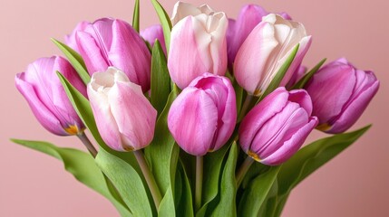 Fototapeta premium Bouquet of Pink and White Tulips on Pink Background