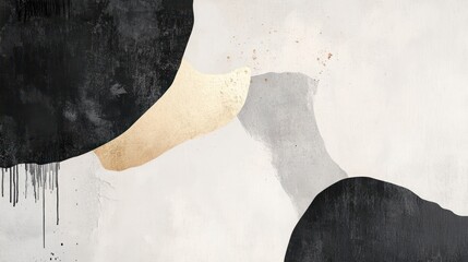 Minimal abstract painting with large strokes shapes white black beige grey colors with few golden strokes textured