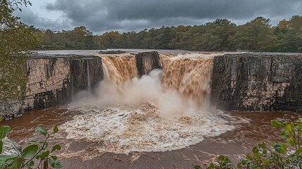 Powerful waterfall, autumn forest, stormy sky, muddy water, nature travel