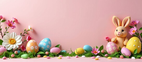Easter Bunny and Pastel Eggs with Pink Flowers on Pink Background, Festive Springtime Scene with Rabbit, Decorated Eggs, and Floral Accents