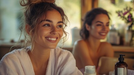 Friends enjoying a relaxing spa day in a warm and inviting atmosphere with laughter and joy during an evening gathering
