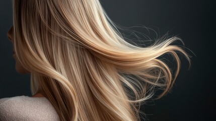 Fototapeta premium Elegant blonde hair cascading down the back of a young woman, showing healthy strands and natural shine