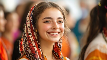 Young woman in traditional attire joyfully participates in cultural celebration during a festive gathering in Japan