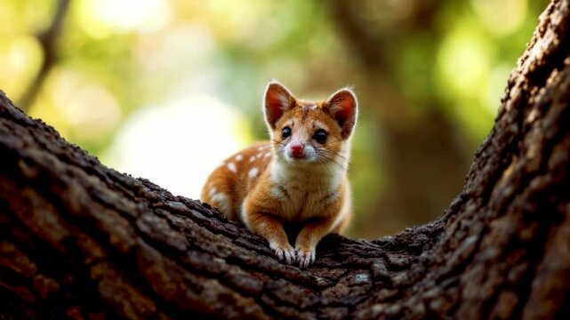 Adorable Spotted Baby quoll, Marsupial on Tree in Natural Forest Background