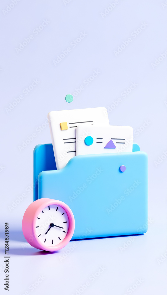 Poster pastel-colored 3d rendering of a folder with documents and an alarm clock