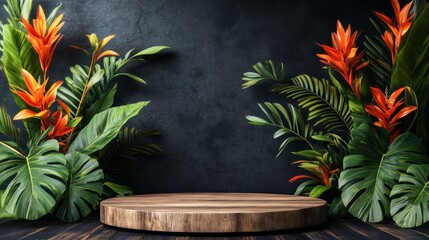 Tropical Bamboo Podium: A bamboo platform adorned with lush tropical foliage and bright blooms, creating a refreshing island atmosphere. Ideal for summer products and tropical beverages
