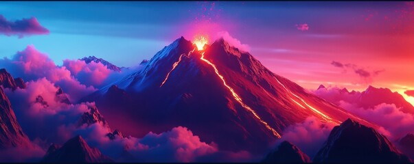 Vibrant eruption of a lava-filled volcano amidst a colorful mountainous horizon