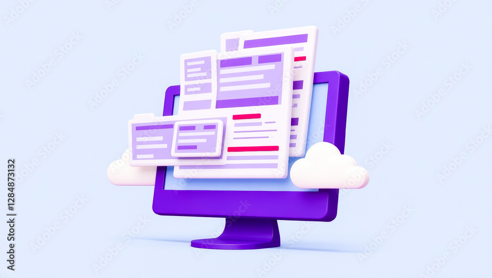 Poster purple computer monitor with floating documents and folders illustrating cloud storage
