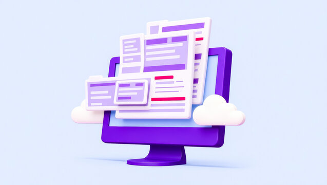 purple computer monitor with floating documents and folders illustrating cloud storage