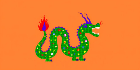 Obraz premium whimsical green dragon with floral accents and a fiery tail on an background