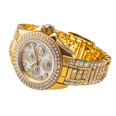 A Luxurious Diamond Studded Yellow Gold Watch Isolated on Transparent Background