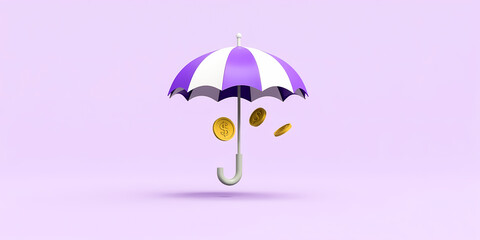 purple and white striped umbrella protecting golden dollar coins