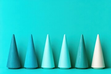 An Aesthetic Arrangement of Six Colorful Conical Objects on a Vibrant Teal Background, Showcasing Variations in Hue with a Minimalist Design