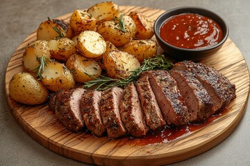 Top View of Smoky Grilled Beef Slices with Potatoes on a Wooden Plate, BBQ Style with Sauce