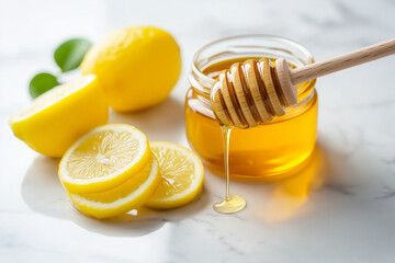 Modern still life with a jar of honey, fresh lemon slices, and a wooden dipper, highlighting a clean, healthy lifestyle