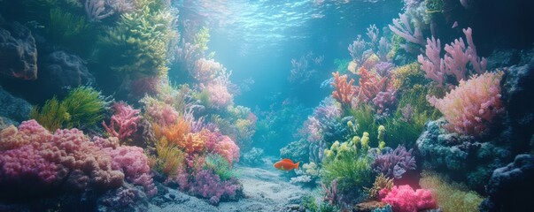 Naklejka premium Vibrant coral reef with colorful fish in clear blue ocean underwater paradise