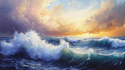 Fototapeta premium textured seascape with crashing waves and a dramatic sky, oil painting, 16:9