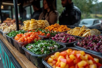 A table full of food with a variety of colors and types of food. Scene is inviting and appetizing