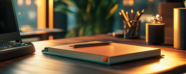 Cozy evening home office setup with journal, pen, and warm lighting on wooden desk