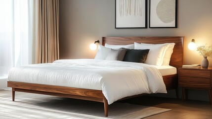 Modern Walnut Wood Platform Bed Bedroom Furniture Design Elegant White Bedding Comfortable Sleep Minimalist Interior Home Decor Luxury Room Stylish   