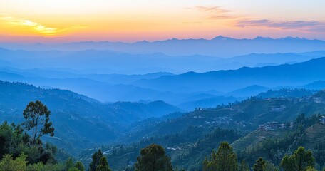 Obraz premium The Himalayas present a stunning panoramic view, with snow-capped peaks towering through the clouds, showcasing their grandeur and majesty