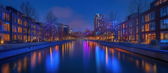 Fototapeta premium Night canal city lightscape, winter