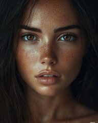 Fototapeta premium A portrait of a young woman, aged 20-30, featuring sun-tanned skin, deep brown eyes, long straight dark brown hair, a mysterious expression, natural beauty, minimal makeup, and a blurred background