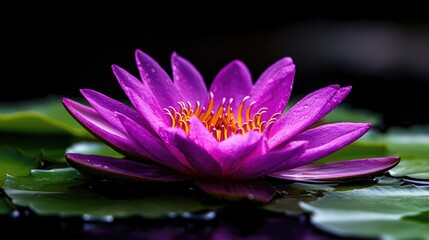 Purple water lily blossoms on dark pond, serene nature scene, wellness