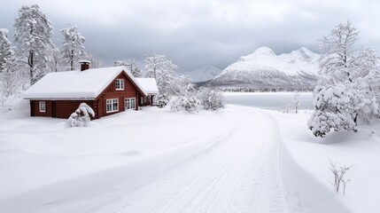 Naklejka premium Snowy road leads to red cabin, mountains backdrop; winter wonderland postcard