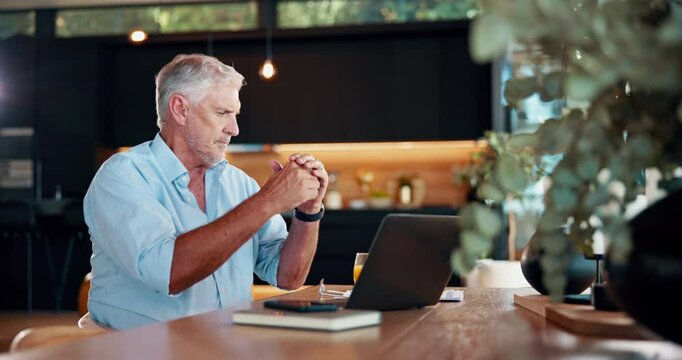 Elderly man, reading document and laptop at house of retirement, pension application and contract. Male person, glasses and loan paperwork with online report, review insurance and financial statement