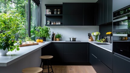 Modern black kitchen with garden view, breakfast bar, and herbs