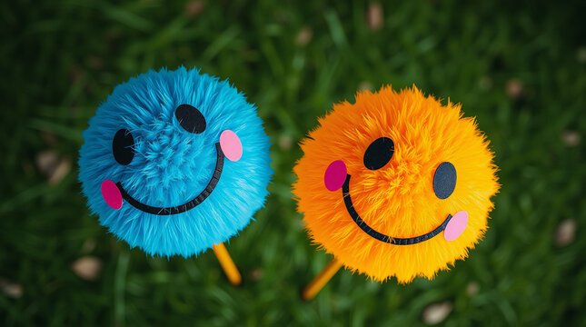 two spherical objects resembling smiley faces, positioned side by side on a grassy surface in an outdoor setting - Powered by Adobe