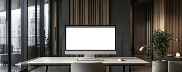 Fototapeta premium Modern office interior with blank computer screen and large windows overlooking city