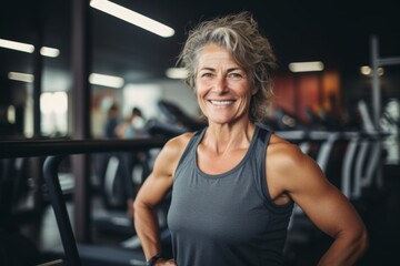 Fototapeta premium Smiling portrait of a middle aged slightly overweight woman in gym