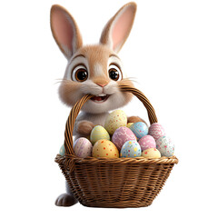 A Jolly 3D Cartoon Rabbit with Basket Full of Easter Eggs Isolated on Transparent Background