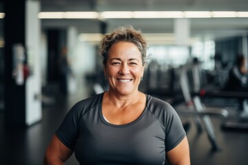 Smiling portrait of a middle aged slightly overweight woman in gym