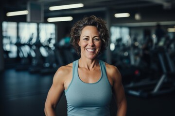Fototapeta premium Smiling portrait of a middle aged slightly overweight woman in gym